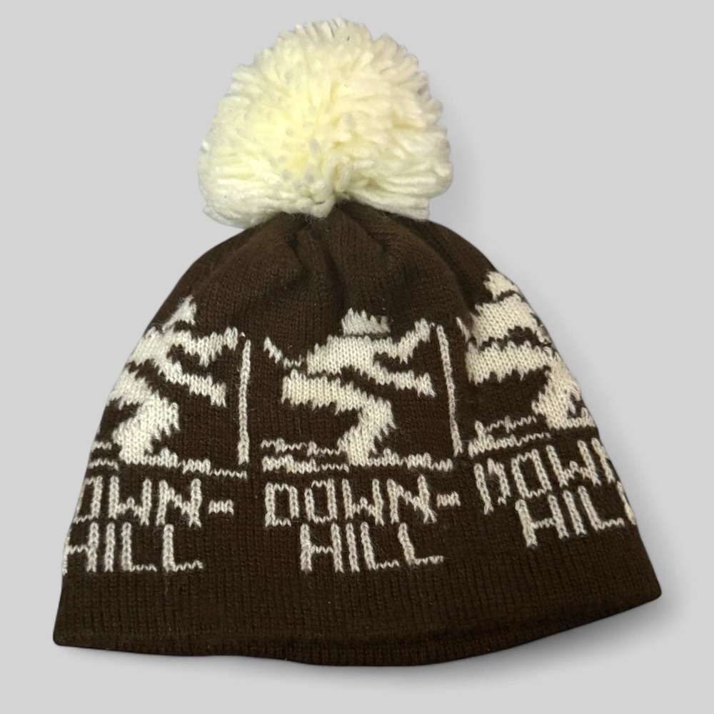 Vintage Toddler/Baby Down Hill Ski Beanie Brown White Chunky Knit Pom Pom Hat